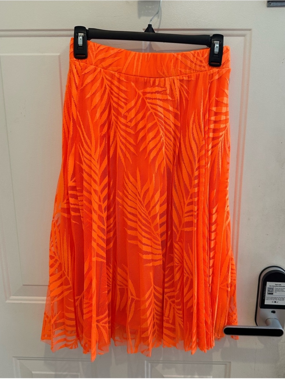 Vibrant Orange Leaf-Print Pleated Skirt